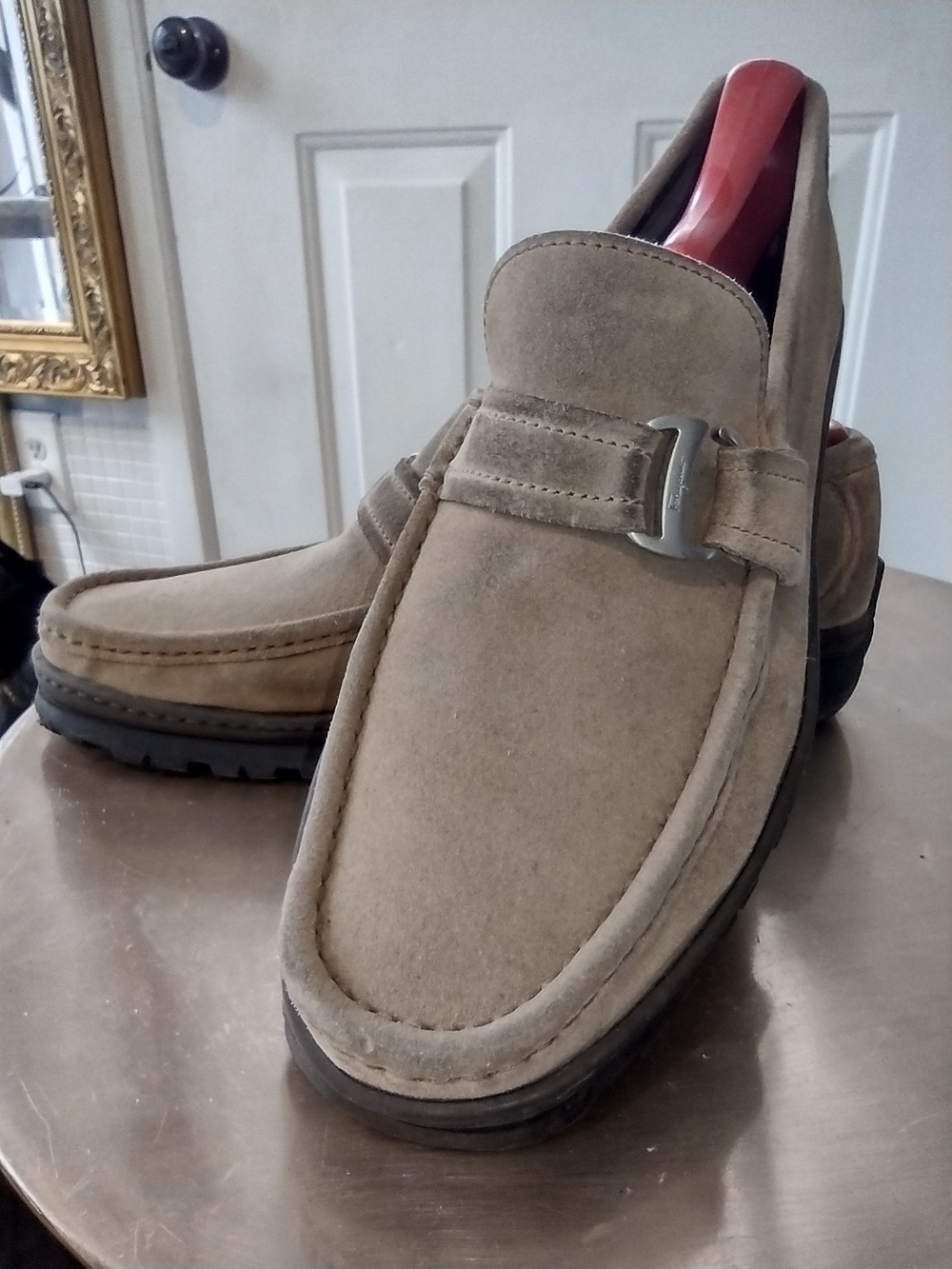 Salvatore Ferragamo Taupe Suede Bit Loafers